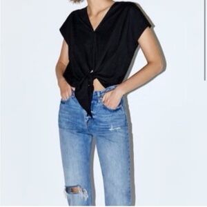 Zara Black Front Tie Knot V Neck Blouse